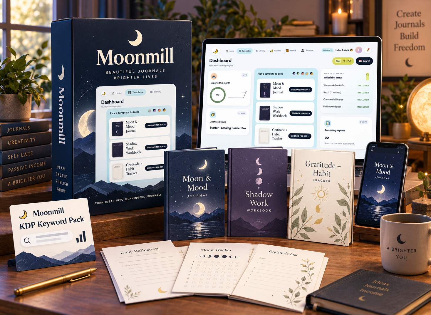 Moonmill product ecosystem mockup with dashboard, three journals, interior pages and keyword pack