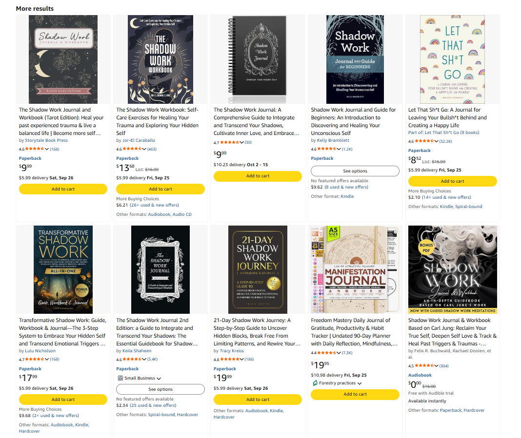 Third-party Amazon search results for shadow work journals and workbooks