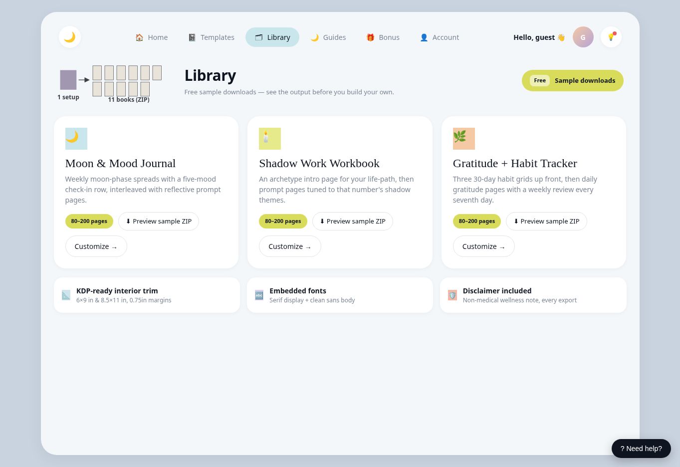 Moonmill Library showing three journal templates and sample downloads